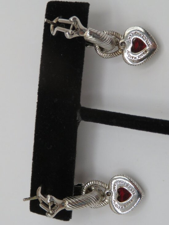 Judith Ripka Sterling Silver 925 Red CZ Heart Charm Hoop Earrings - Picture 6 of 9
